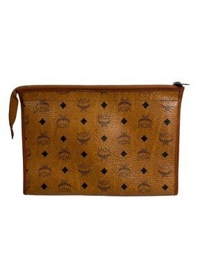Vintage MCM Monogrammed Cognac Brown Coated Canvas Leather Trim Clutch Pouch